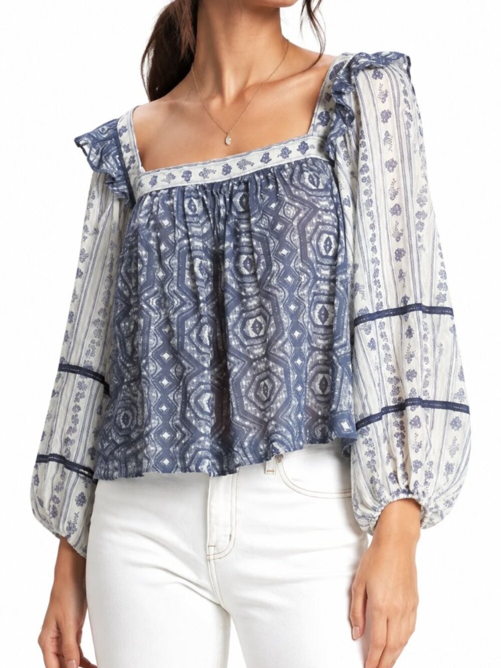 Free People Mostly Meadow Blouse Blue White Square Neck Peasant M